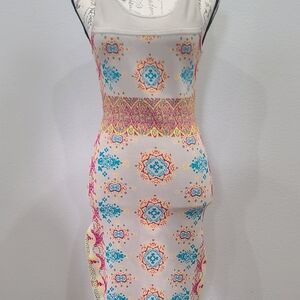 Bebe White and Blue Patterned Midi Dress